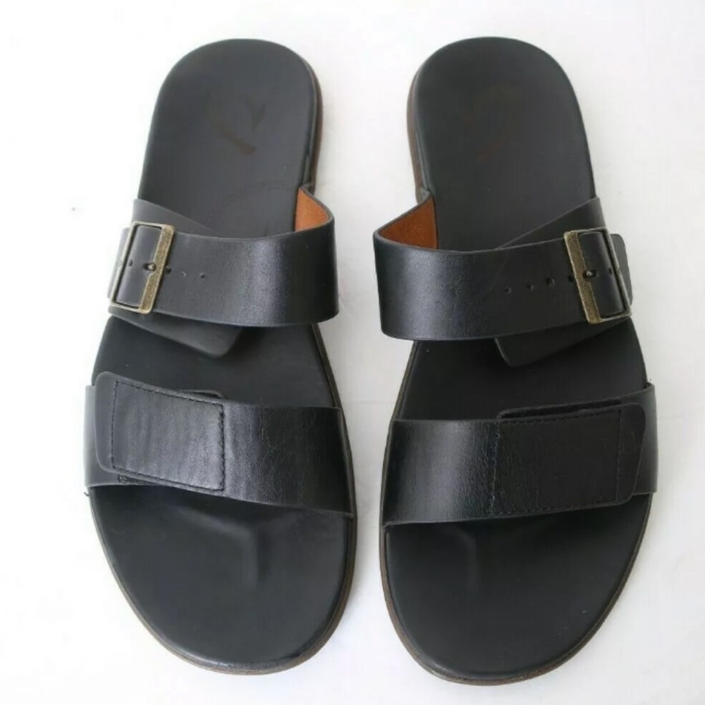 Olukai Black Leather 2 Strap Slides Sandals Buckle